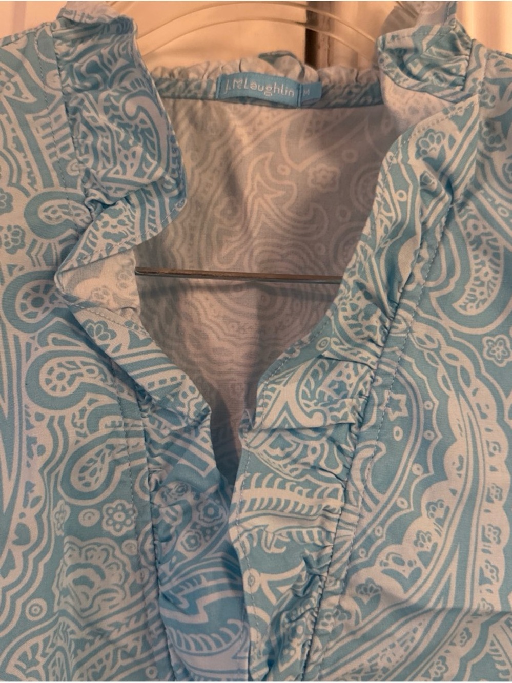 J McLaughlin sleeves Light Blue Paisley Ruffle Dress